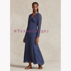 NWT Polo Ralph Lauren Polka-Dot Crinkle Georgette Dress Size 2 Navy